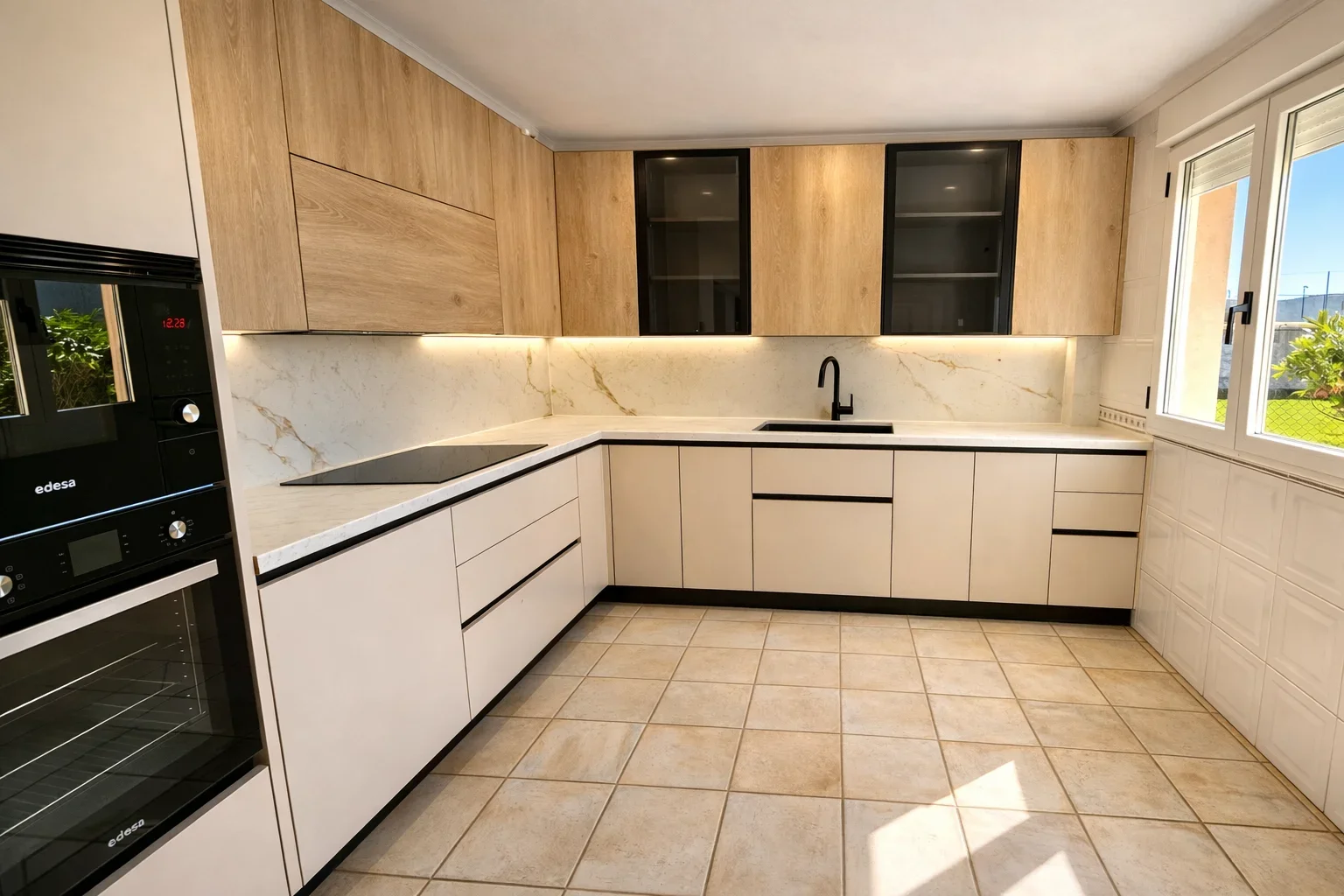 Proyecto de cocina en L blanca y madera en León
